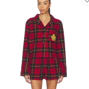 Lauren Ralph Lauren Women's Embroidered Logo Plaid Cotton Blend PJ Top Red Small